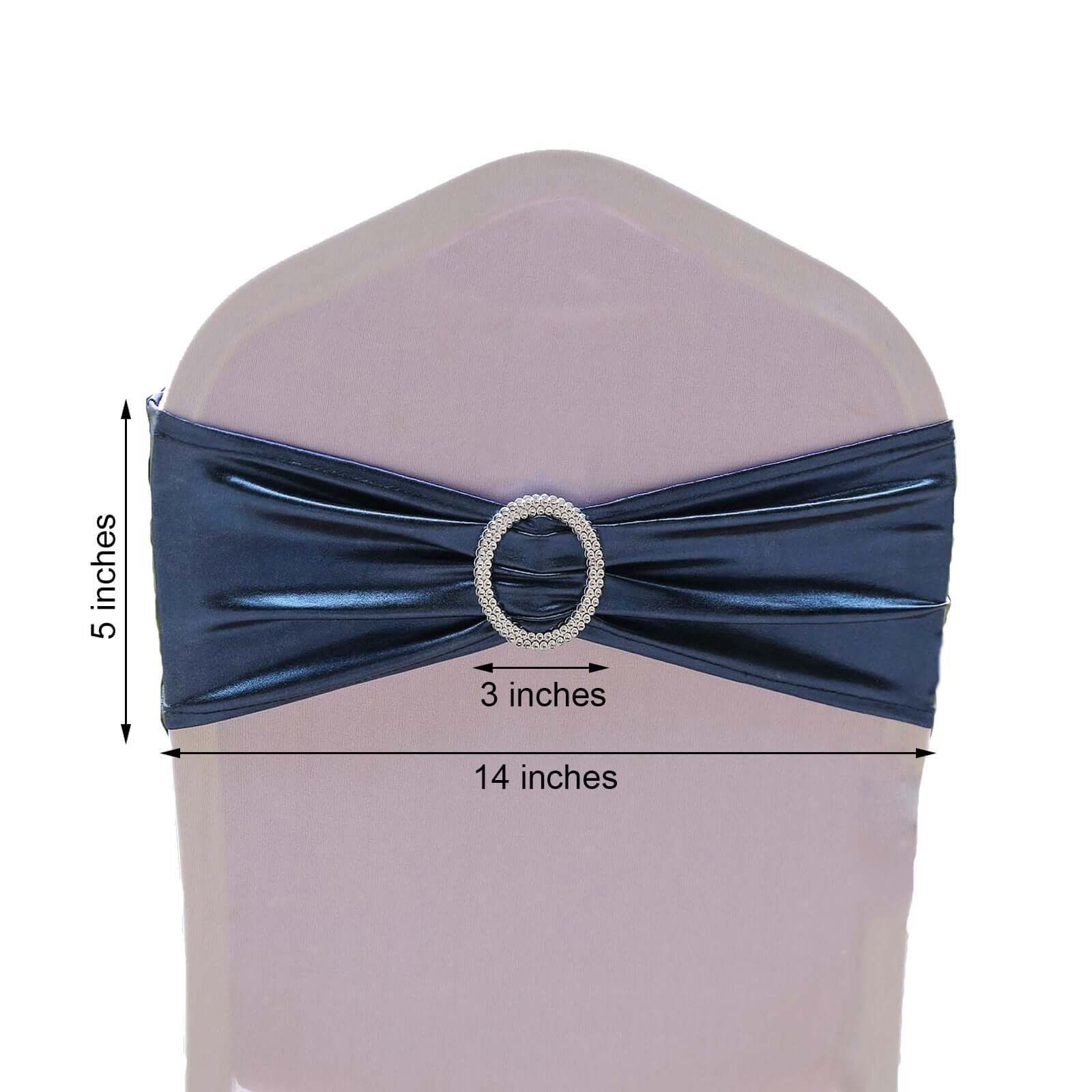 5 Pack Metallic Spandex Chair Sashes Navy Blue - Stretch Fit Chair Bands With Round Diamond Buckles - Linen Luxes
