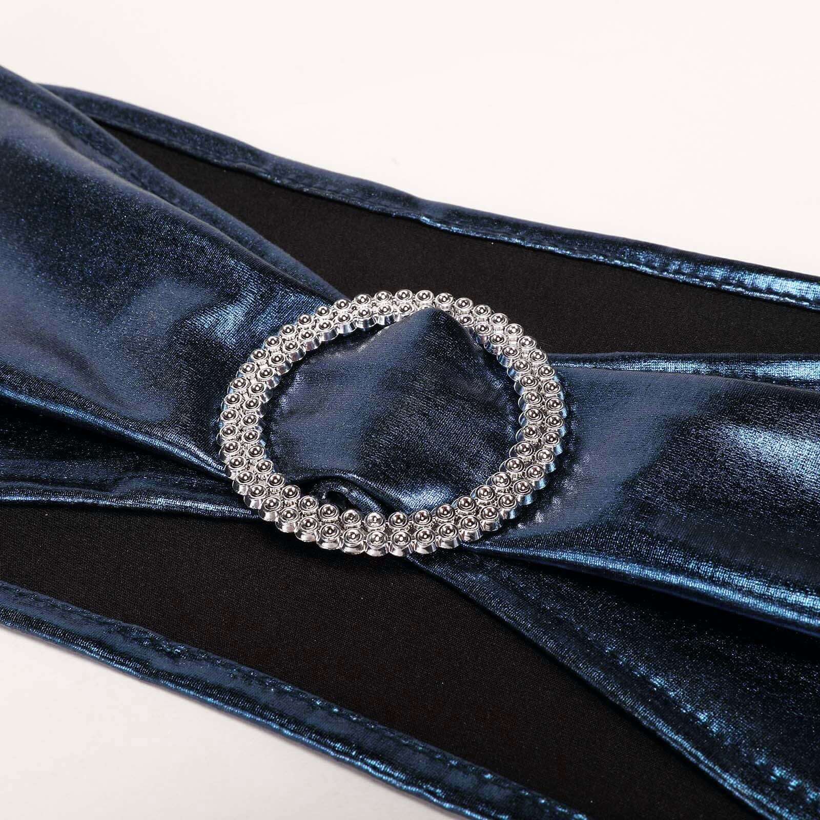 5 Pack Metallic Spandex Chair Sashes Navy Blue - Stretch Fit Chair Bands With Round Diamond Buckles - Linen Luxes