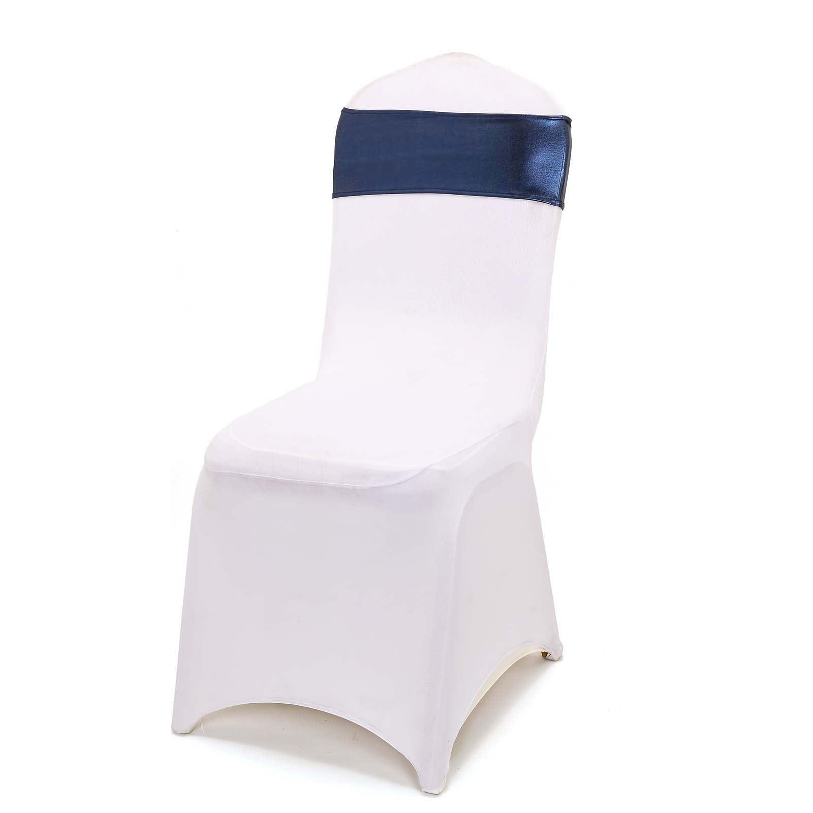 5 Pack Metallic Spandex Chair Sashes Navy Blue - Stretch Fit Chair Bands With Round Diamond Buckles - Linen Luxes