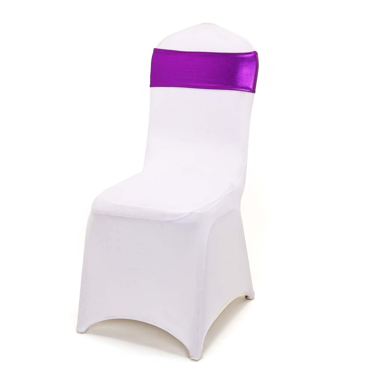 5 Pack Metallic Spandex Chair Sashes Purple - Stretch Fit Chair Bands With Round Diamond Buckles - Linen Luxes