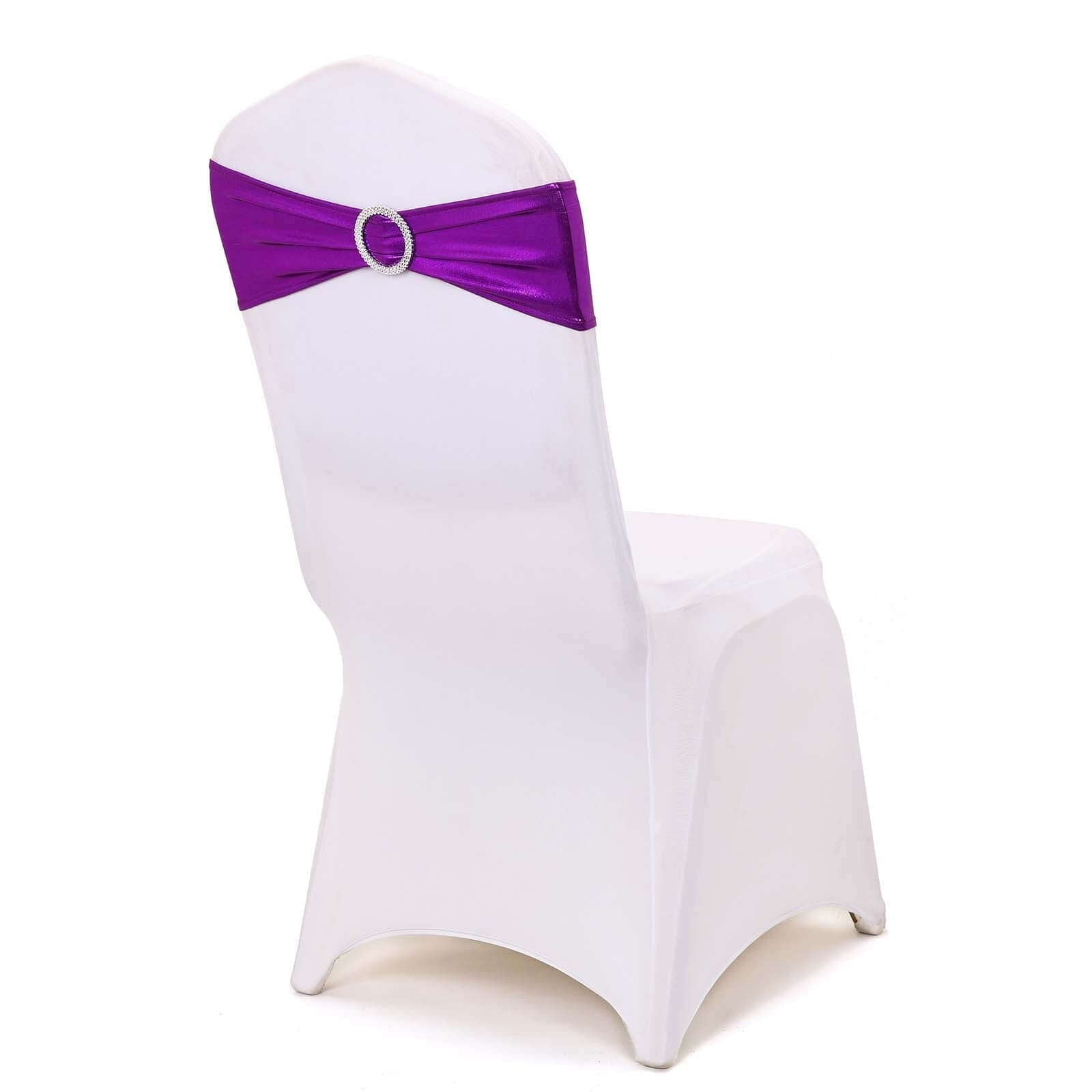 5 Pack Metallic Spandex Chair Sashes Purple - Stretch Fit Chair Bands With Round Diamond Buckles - Linen Luxes