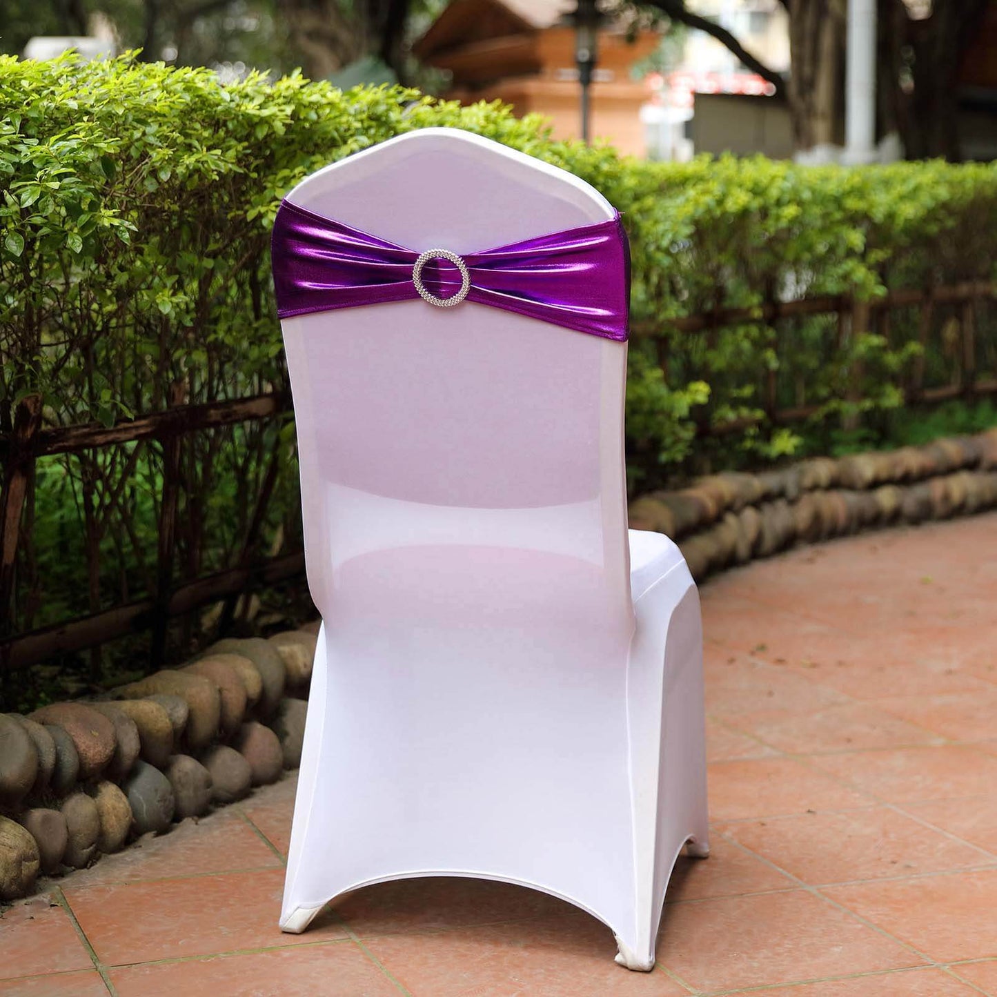 5 Pack Metallic Spandex Chair Sashes Purple - Stretch Fit Chair Bands With Round Diamond Buckles - Linen Luxes