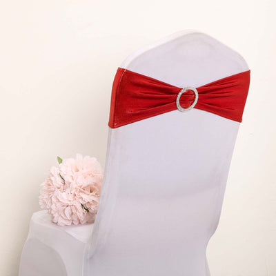 5 Pack Metallic Spandex Chair Sashes Red - Stretch Fit Chair Bands With Round Diamond Buckles - Linen Luxes