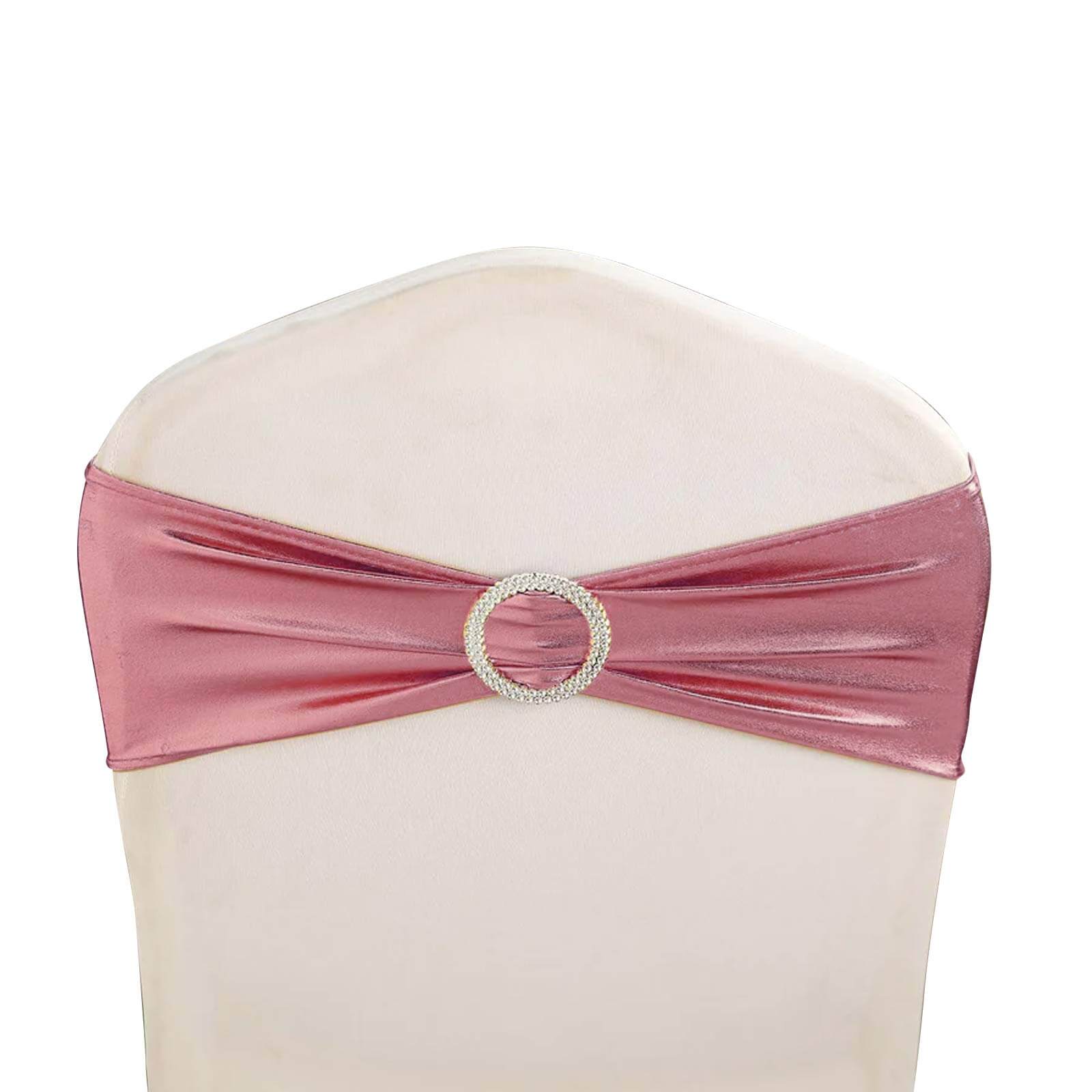 5 Pack Metallic Spandex Chair Sashes Rose Gold - Stretch Fit Chair Bands With Round Diamond Buckles - Linen Luxes