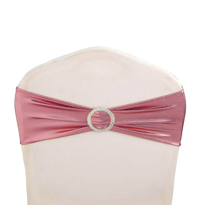 5 Pack Metallic Spandex Chair Sashes Rose Gold - Stretch Fit Chair Bands With Round Diamond Buckles - Linen Luxes
