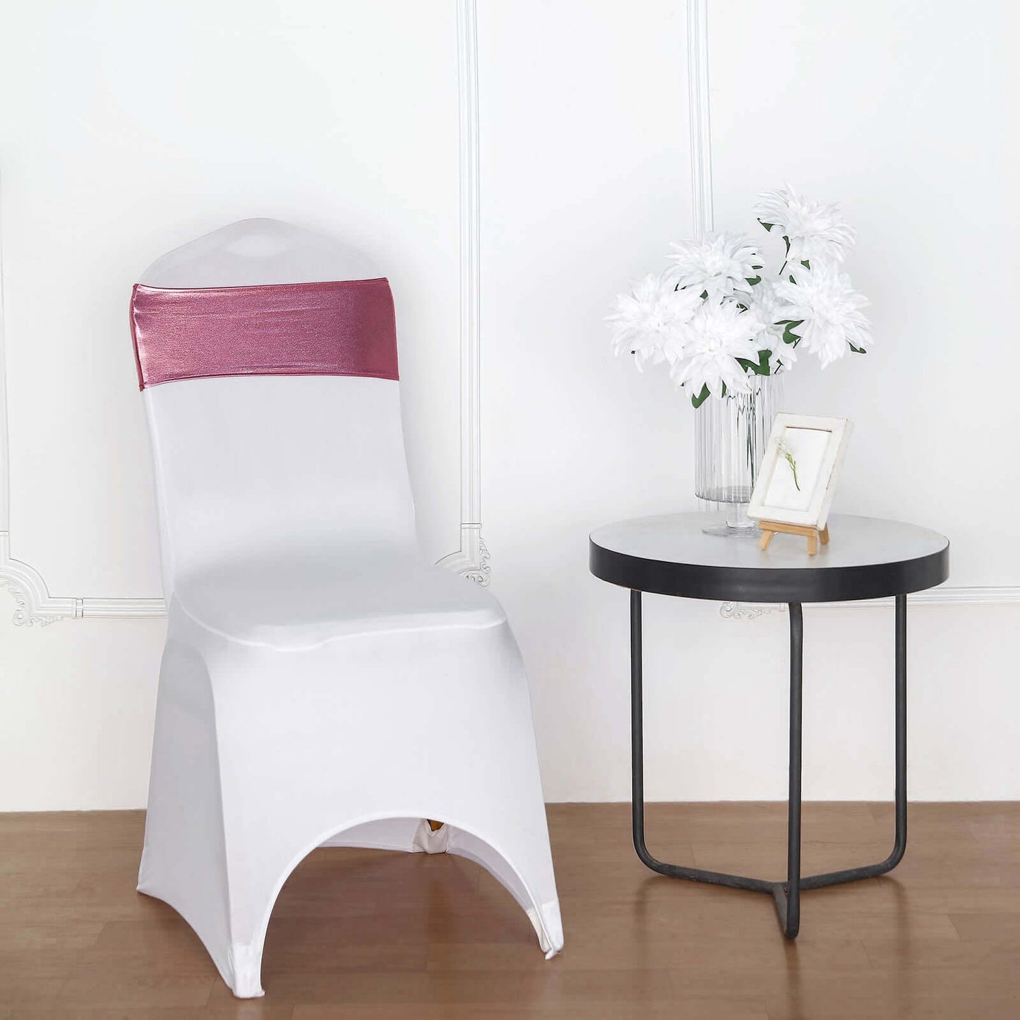 5 Pack Metallic Spandex Chair Sashes Rose Gold - Stretch Fit Chair Bands With Round Diamond Buckles - Linen Luxes