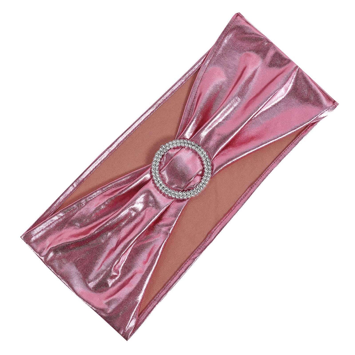 5 Pack Metallic Spandex Chair Sashes Rose Gold - Stretch Fit Chair Bands With Round Diamond Buckles - Linen Luxes