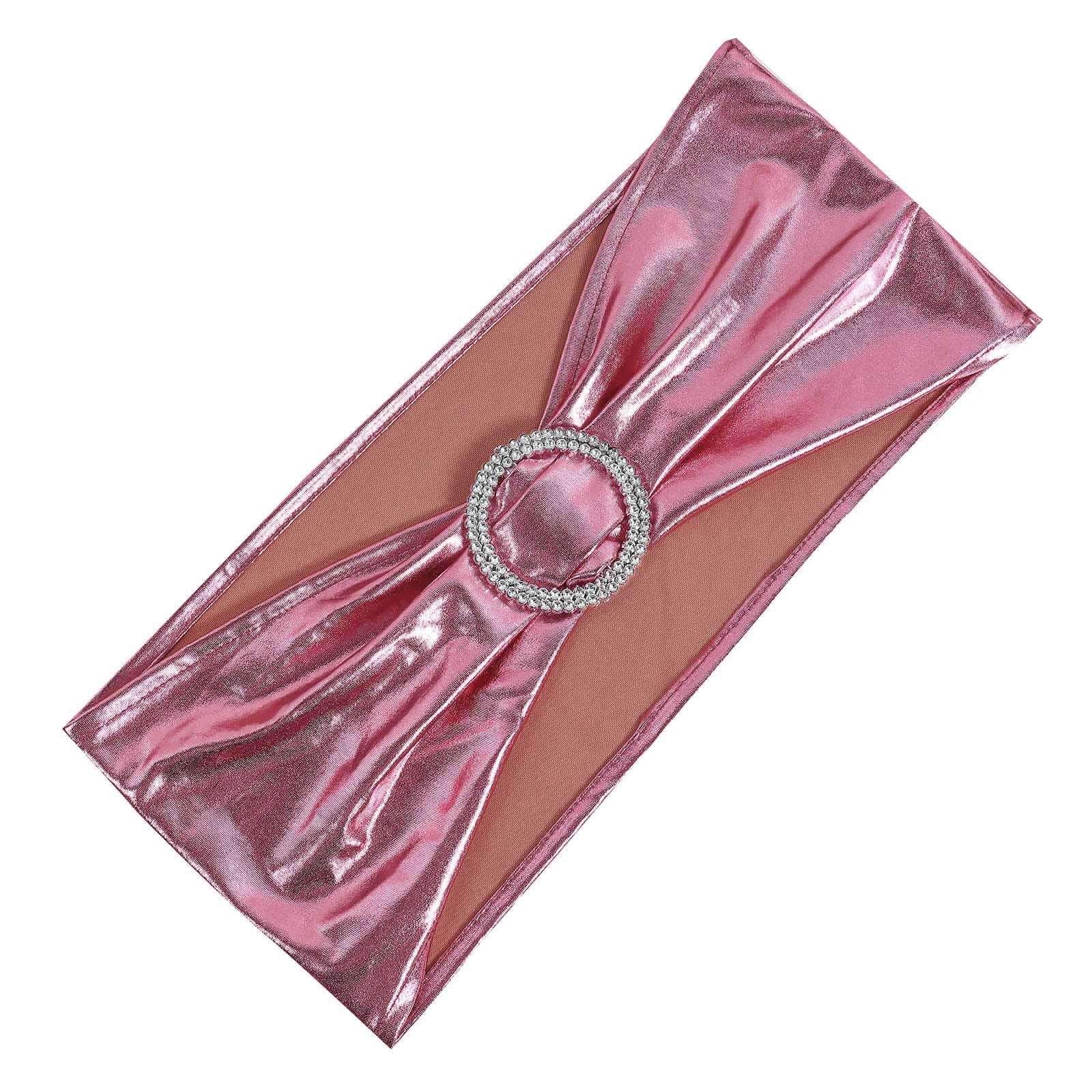 5 Pack Metallic Spandex Chair Sashes Rose Gold - Stretch Fit Chair Bands With Round Diamond Buckles - Linen Luxes