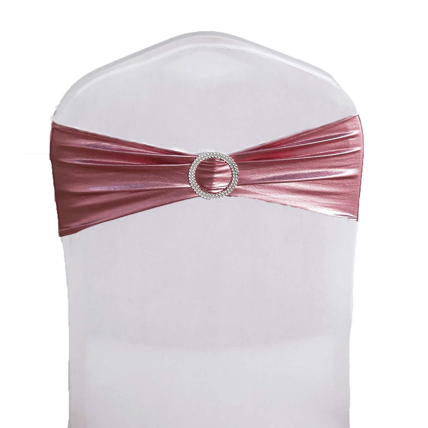 5 Pack Metallic Spandex Chair Sashes Rose Gold - Stretch Fit Chair Bands With Round Diamond Buckles - Linen Luxes