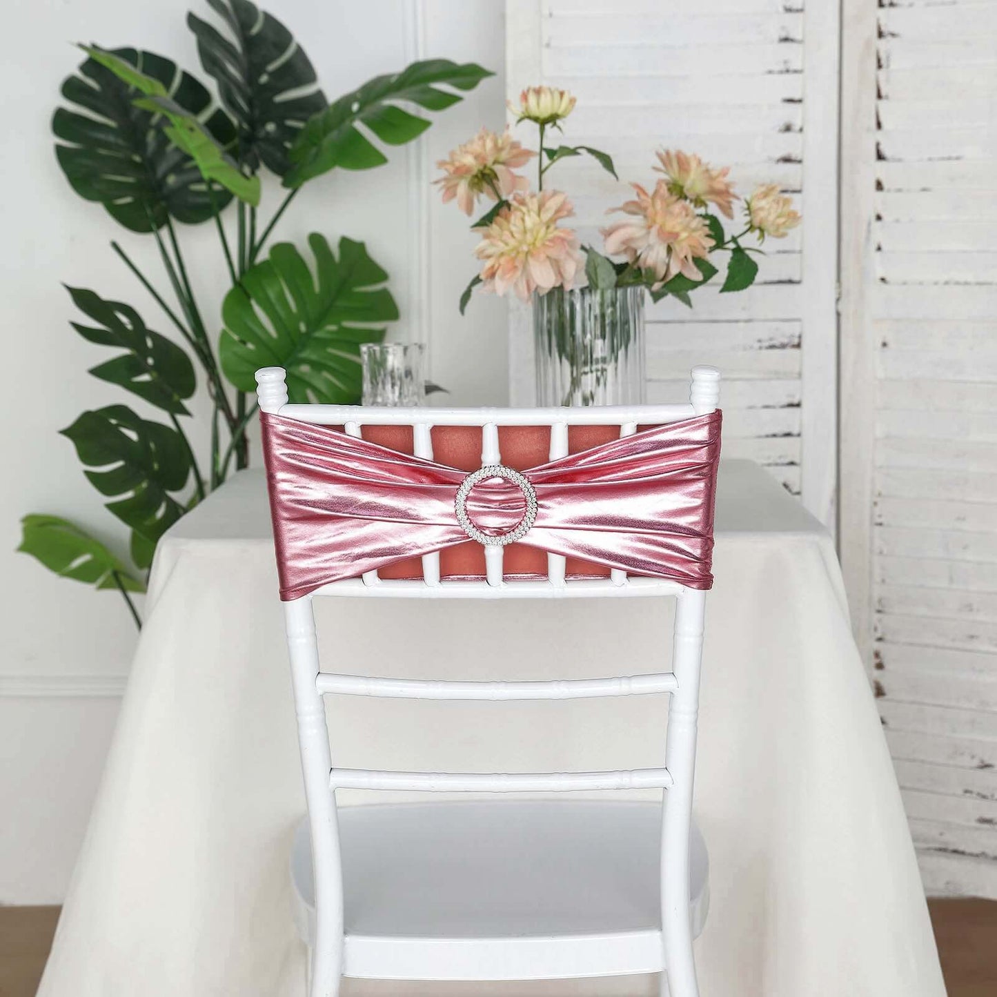 5 Pack Metallic Spandex Chair Sashes Rose Gold - Stretch Fit Chair Bands With Round Diamond Buckles - Linen Luxes