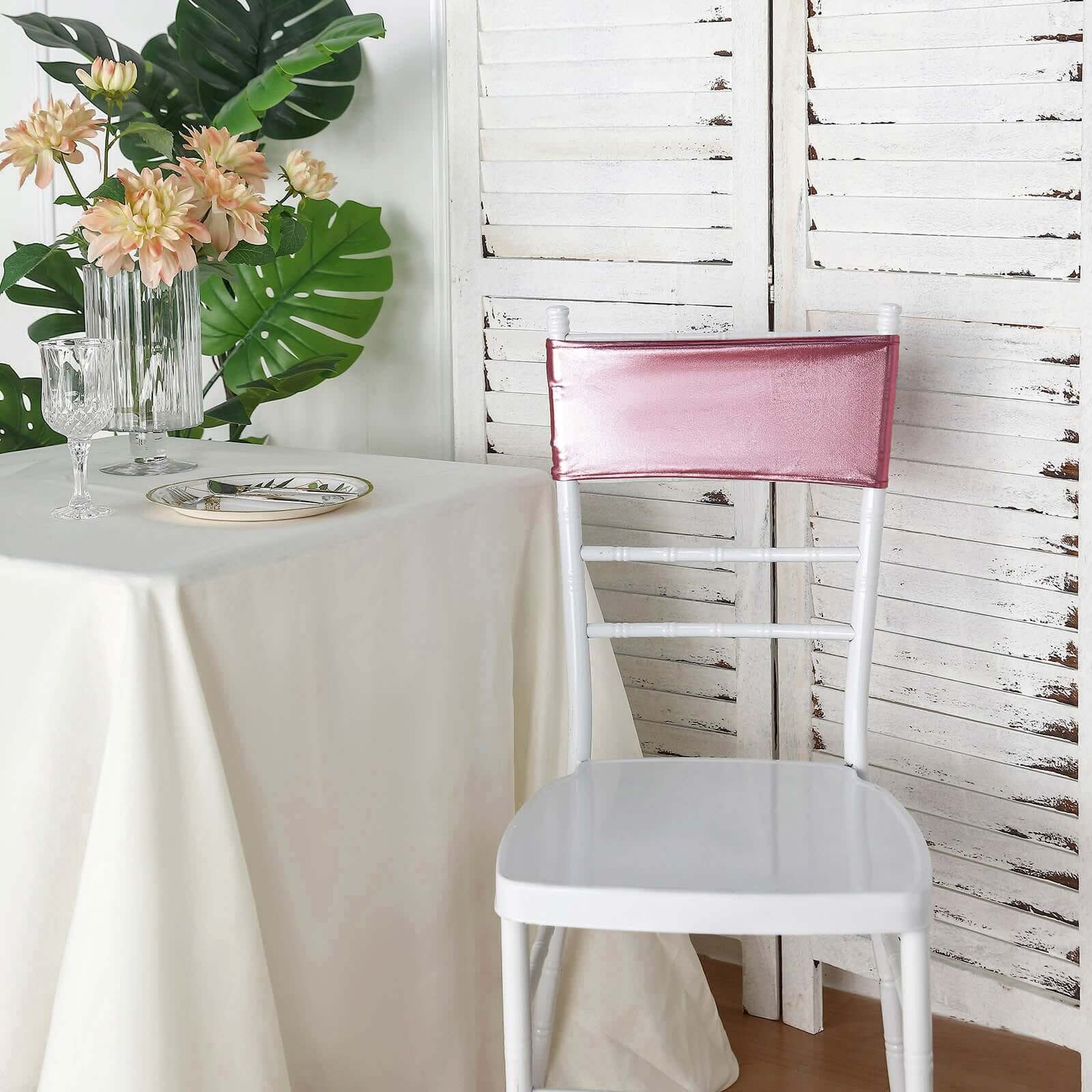 5 Pack Metallic Spandex Chair Sashes Rose Gold - Stretch Fit Chair Bands With Round Diamond Buckles - Linen Luxes