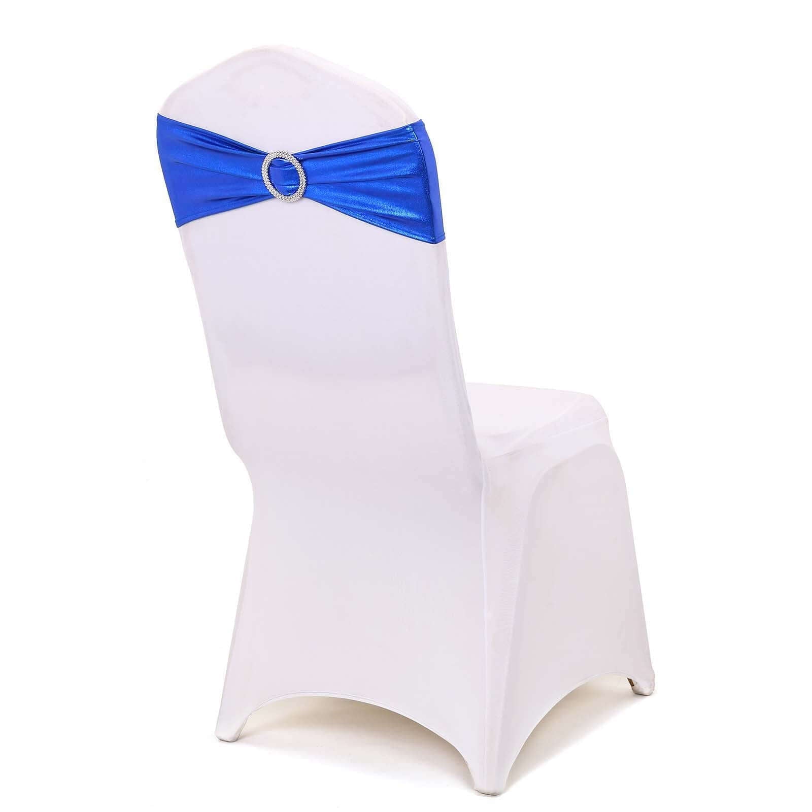 5 Pack Metallic Spandex Chair Sashes Royal Blue - Stretch Fit Chair Bands With Round Diamond Buckles - Linen Luxes