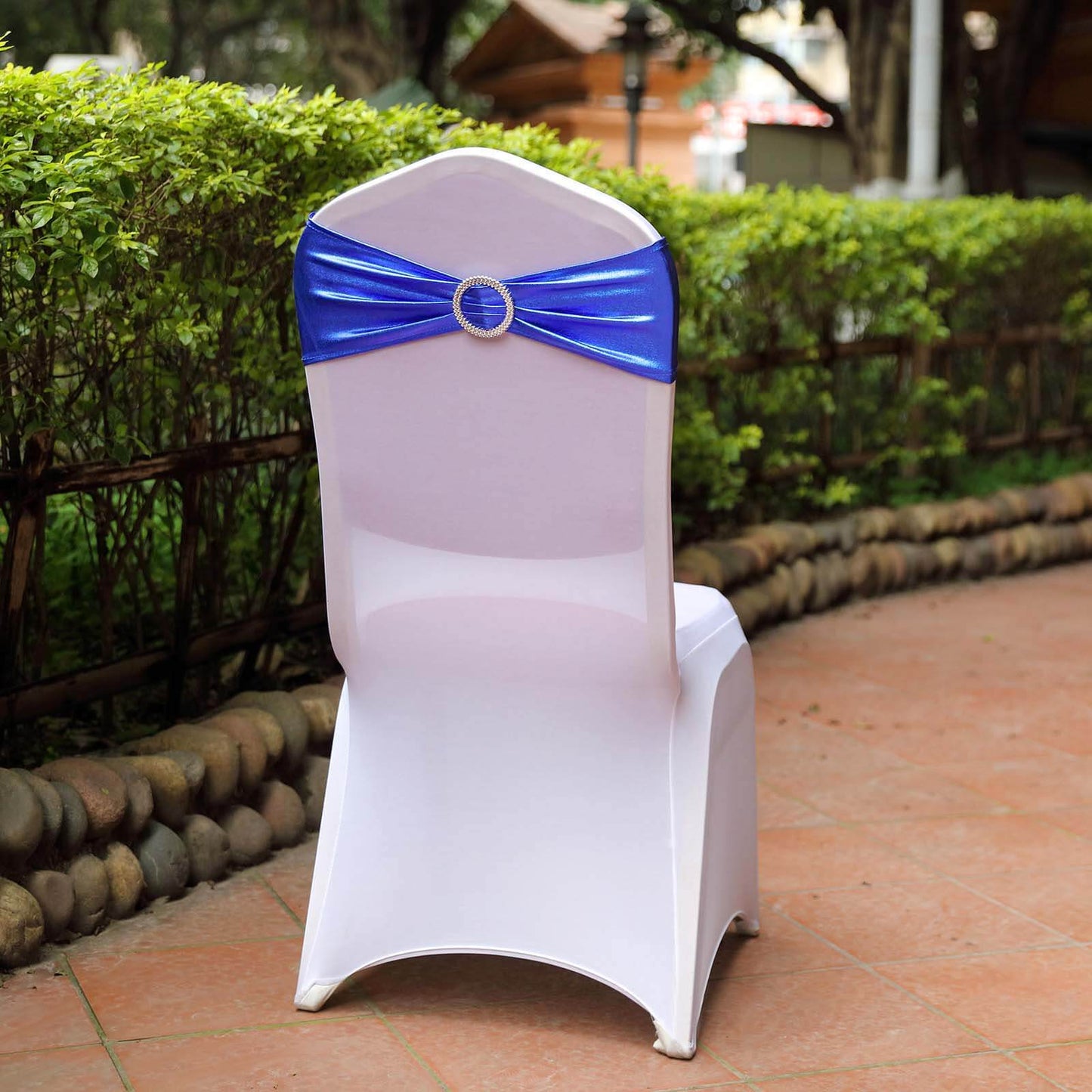 5 Pack Metallic Spandex Chair Sashes Royal Blue - Stretch Fit Chair Bands With Round Diamond Buckles - Linen Luxes