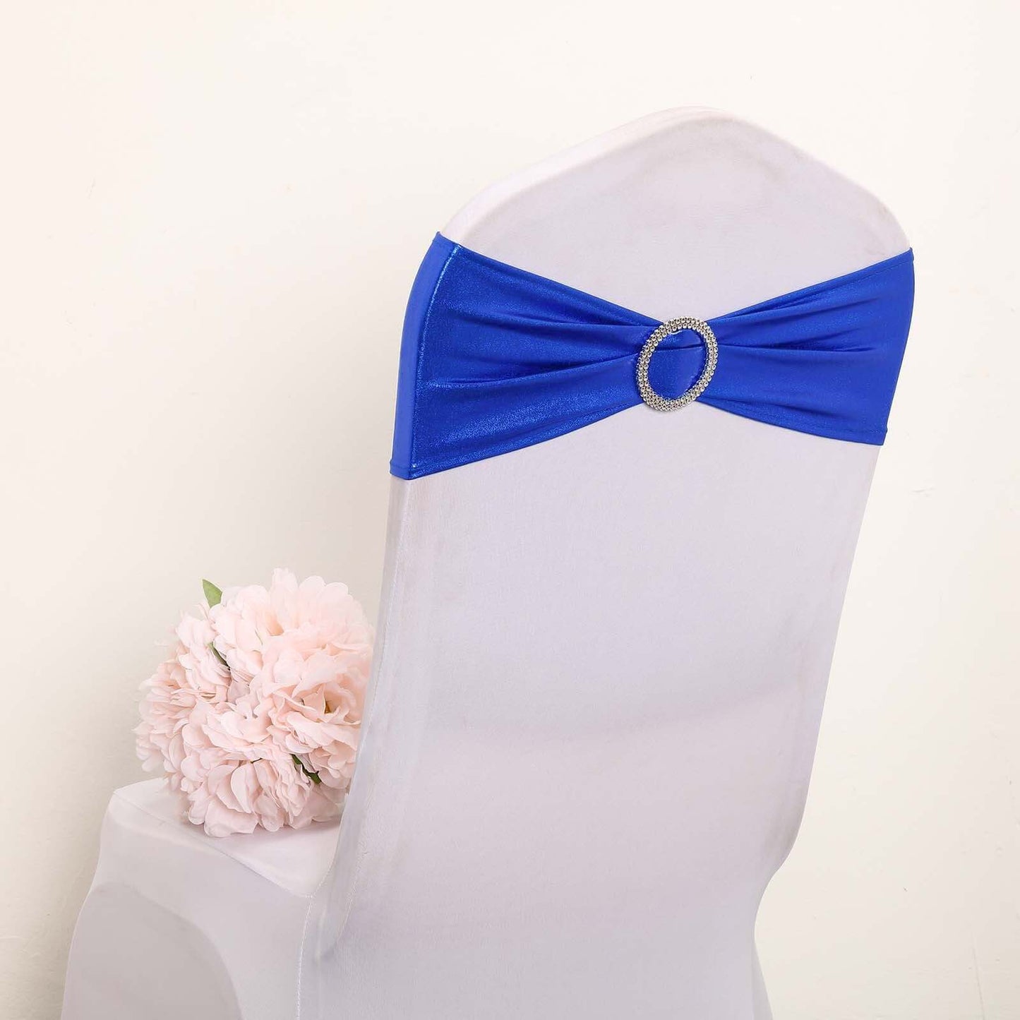 5 Pack Metallic Spandex Chair Sashes Royal Blue - Stretch Fit Chair Bands With Round Diamond Buckles - Linen Luxes