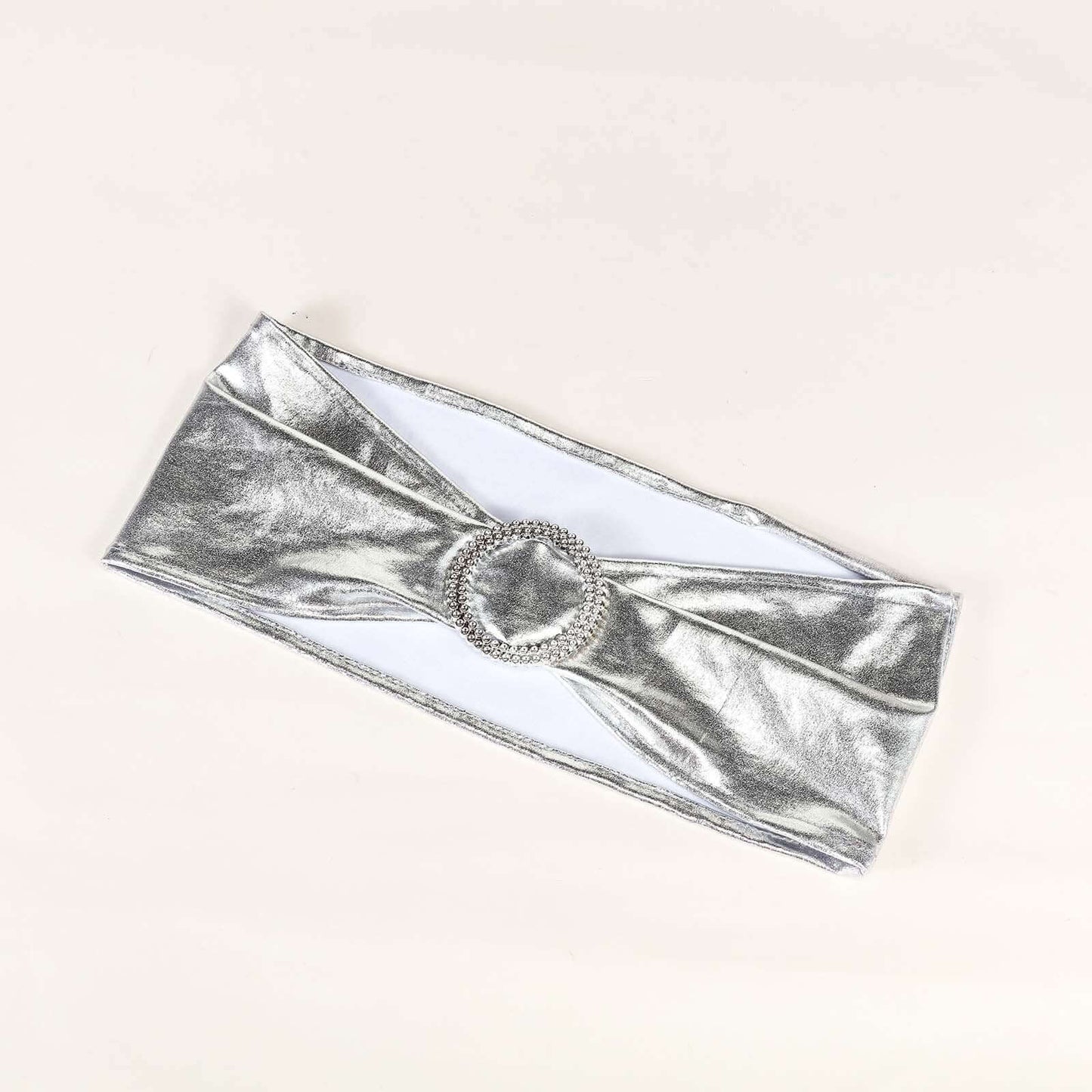 5 Pack Metallic Spandex Chair Sashes Silver - Stretch Fit Chair Bands With Round Diamond Buckles - Linen Luxes