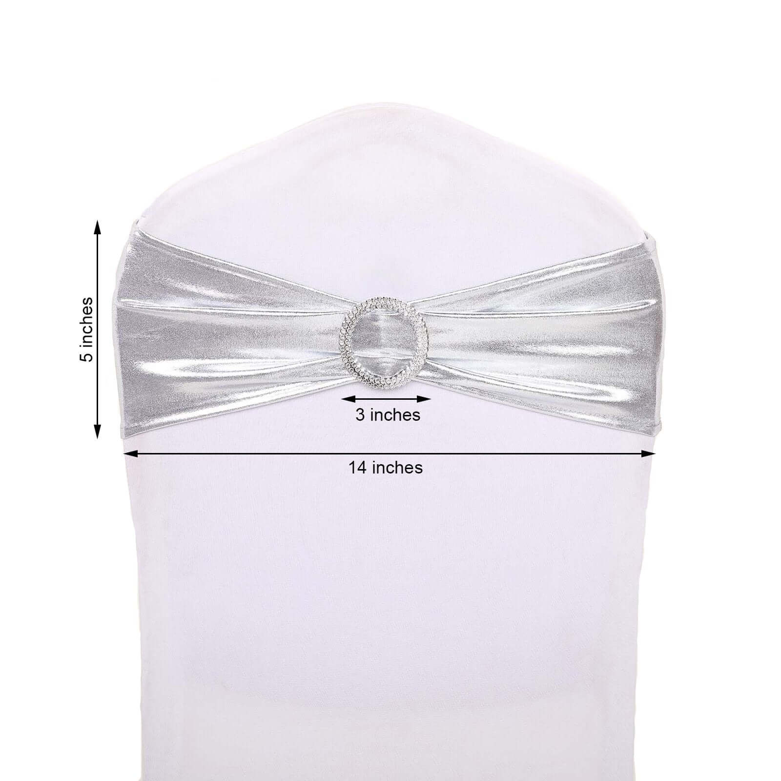 5 Pack Metallic Spandex Chair Sashes Silver - Stretch Fit Chair Bands With Round Diamond Buckles - Linen Luxes