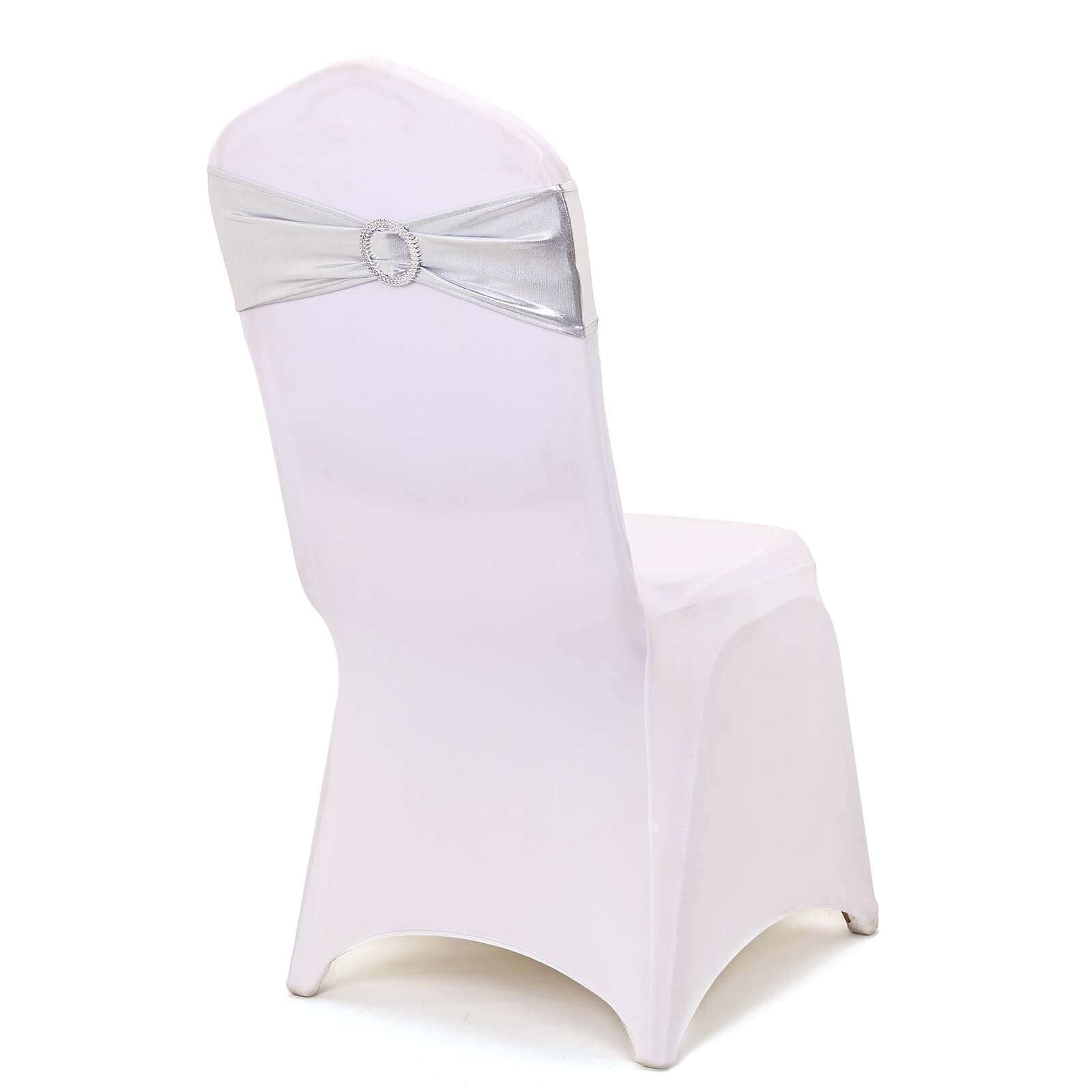 5 Pack Metallic Spandex Chair Sashes Silver - Stretch Fit Chair Bands With Round Diamond Buckles - Linen Luxes