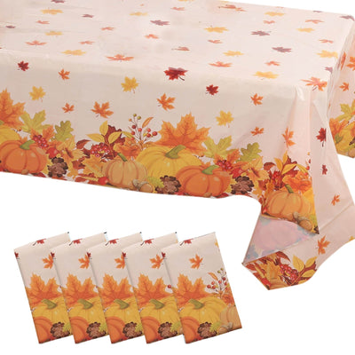 5-Pack Plastic Tablecloths Orange Thanksgiving Rectangle with Fall Leaves Pumpkin Print - Festive PVC Disposable Table Covers 54"x108"