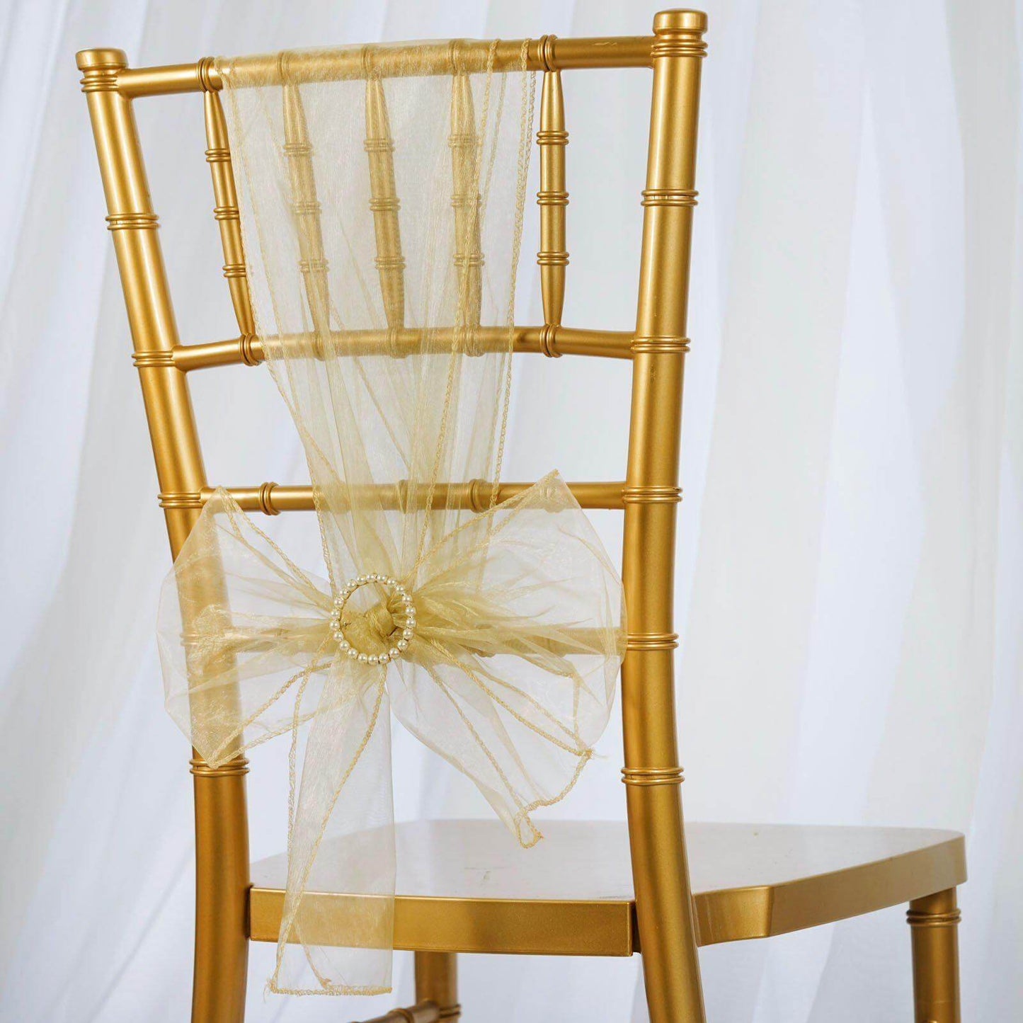 5 Pack Organza Chair Sashes Champagne - Reusable Sheer Chair Bows 6"x108" - Linen Luxes