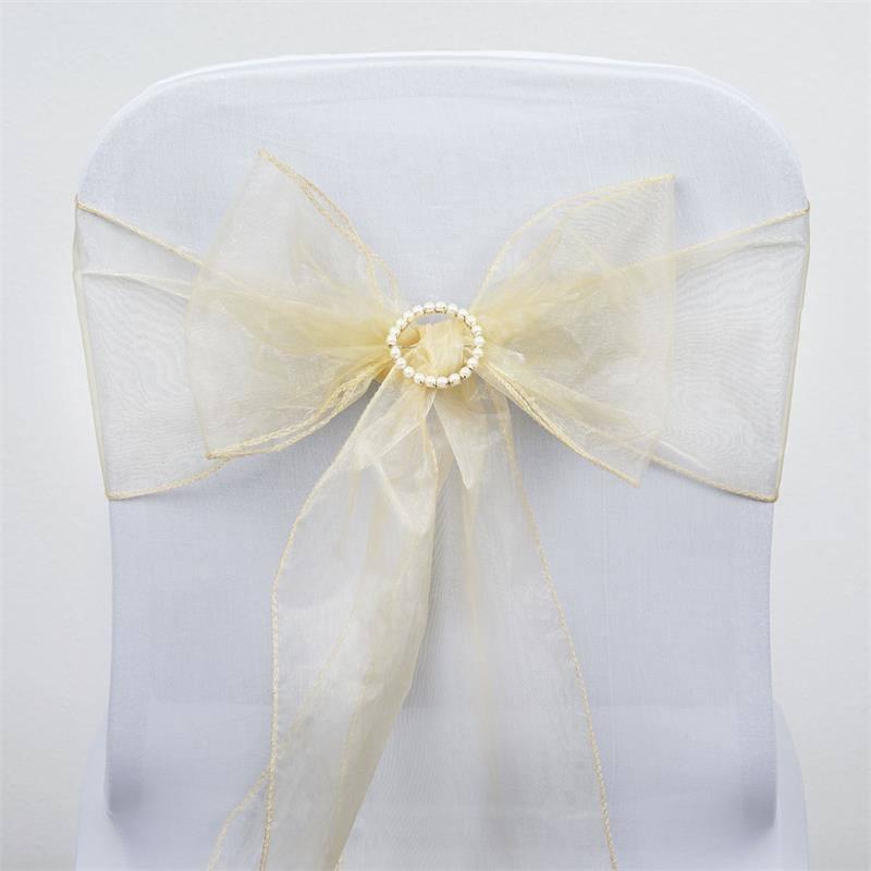 5 Pack Organza Chair Sashes Champagne - Reusable Sheer Chair Bows 6"x108" - Linen Luxes