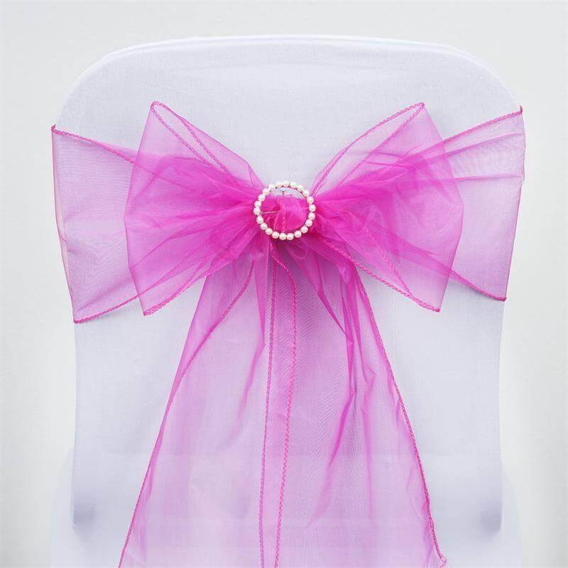 5 Pack Organza Chair Sashes Fuchsia - Reusable Sheer Chair Bows 6"x108" - Linen Luxes