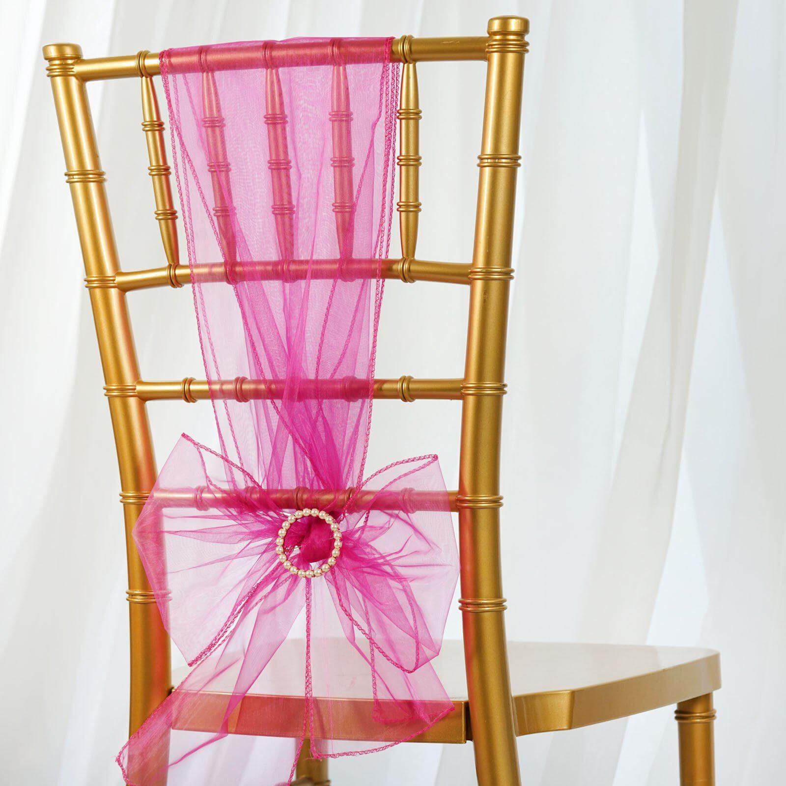5 Pack Organza Chair Sashes Fuchsia - Reusable Sheer Chair Bows 6"x108" - Linen Luxes