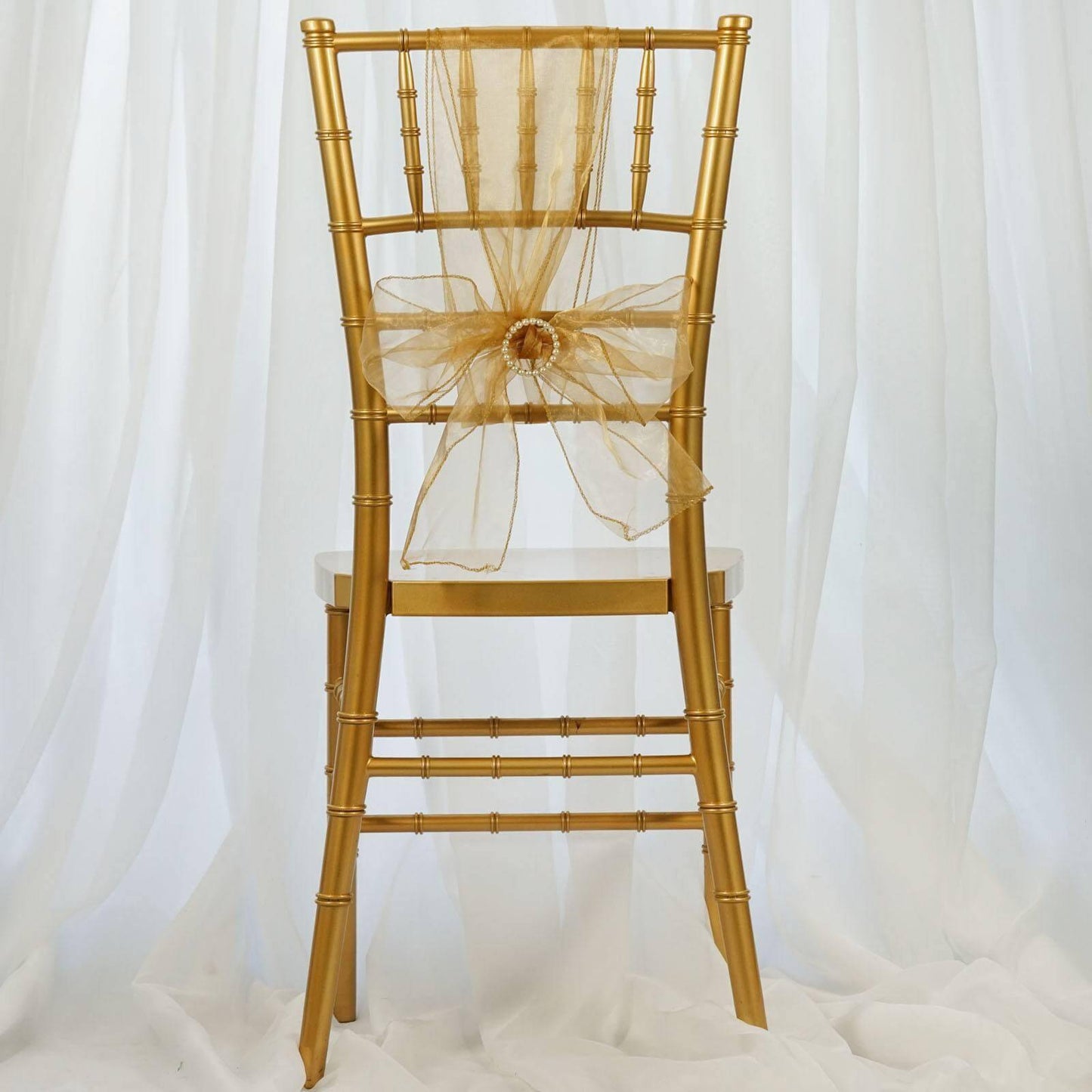 5 Pack Organza Chair Sashes Gold - Timeless Reusable Sheer Chair Bows for Chic Events 6"x108" - Linen Luxes