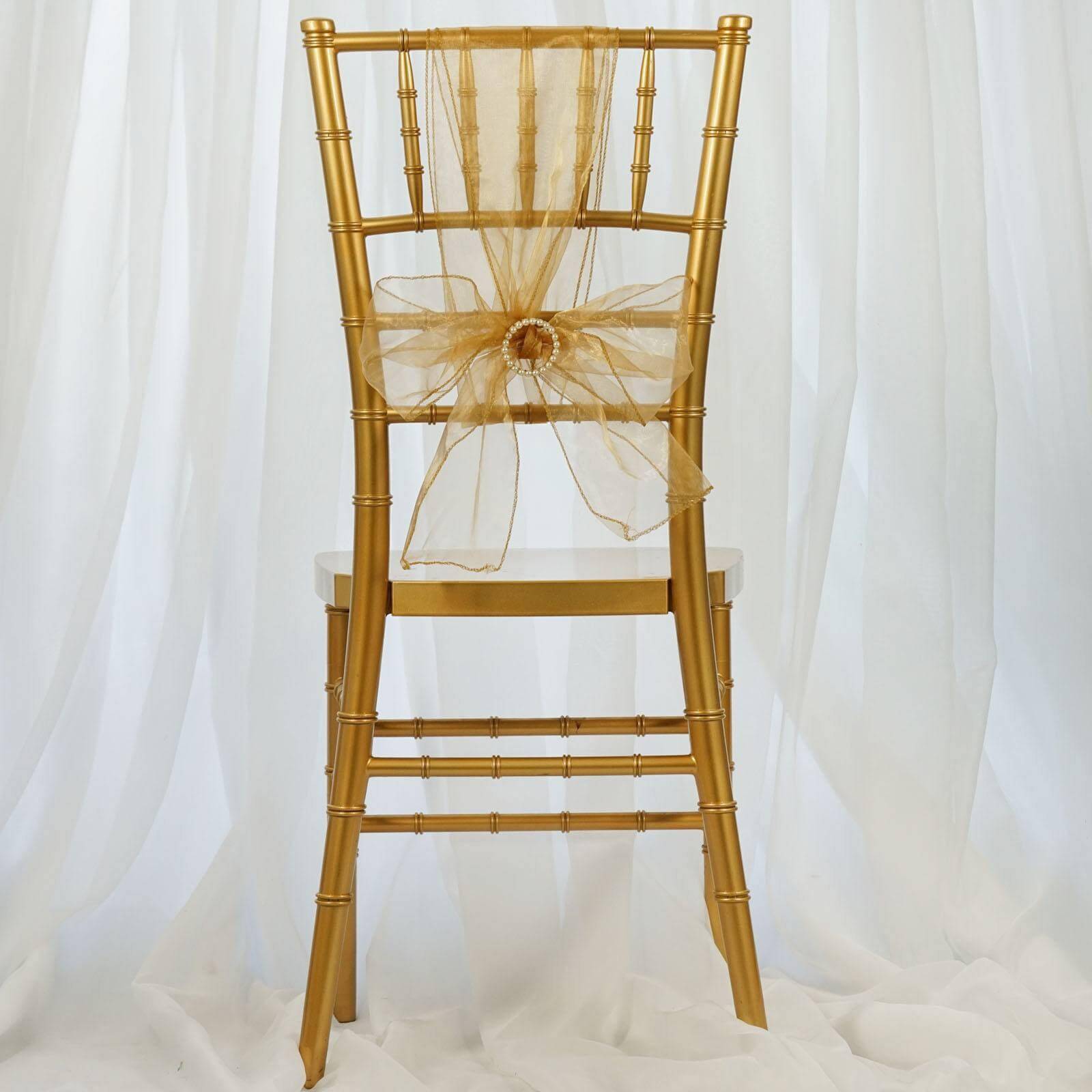 5 Pack Organza Chair Sashes Gold - Timeless Reusable Sheer Chair Bows for Chic Events 6"x108" - Linen Luxes
