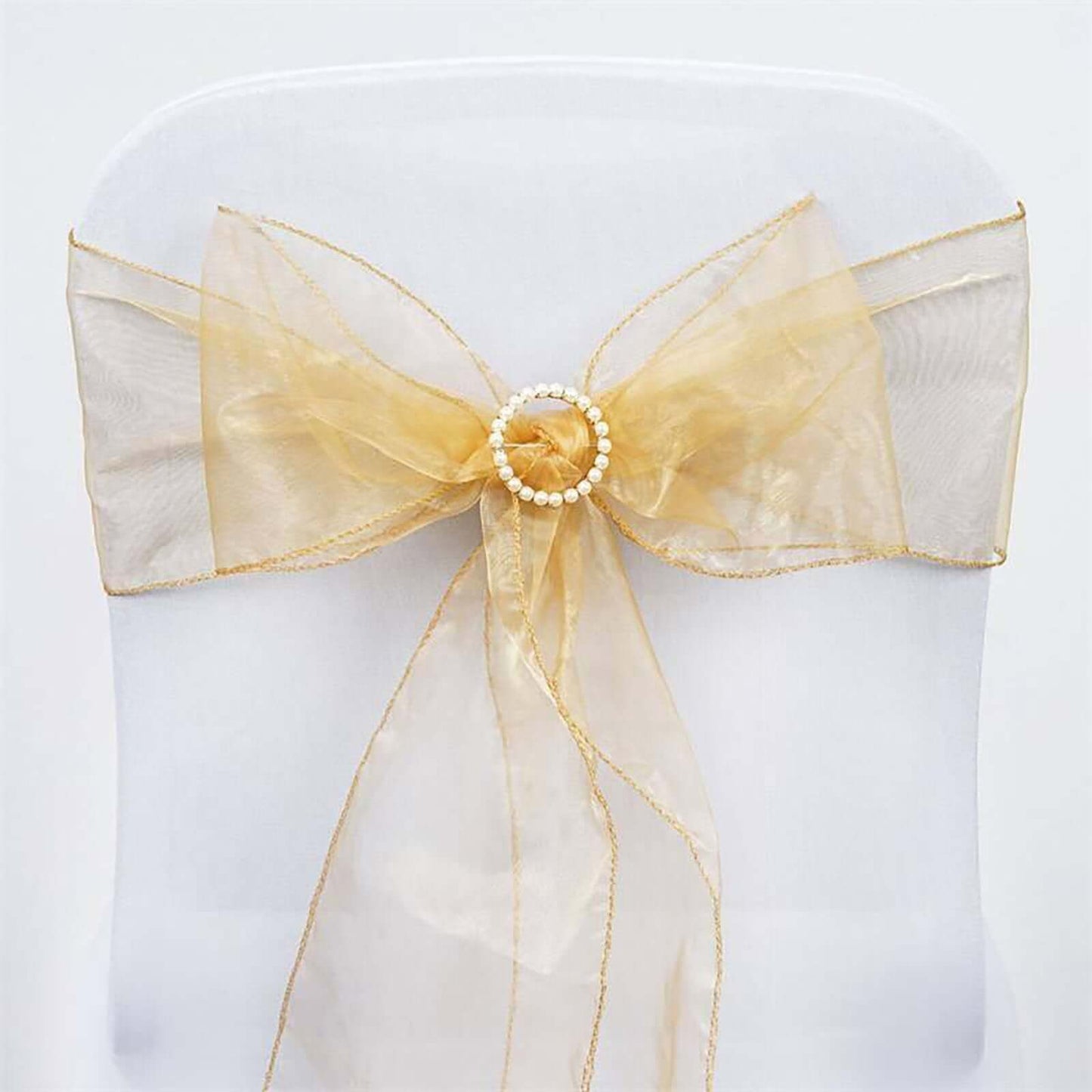 5 Pack Organza Chair Sashes Gold - Timeless Reusable Sheer Chair Bows for Chic Events 6"x108" - Linen Luxes