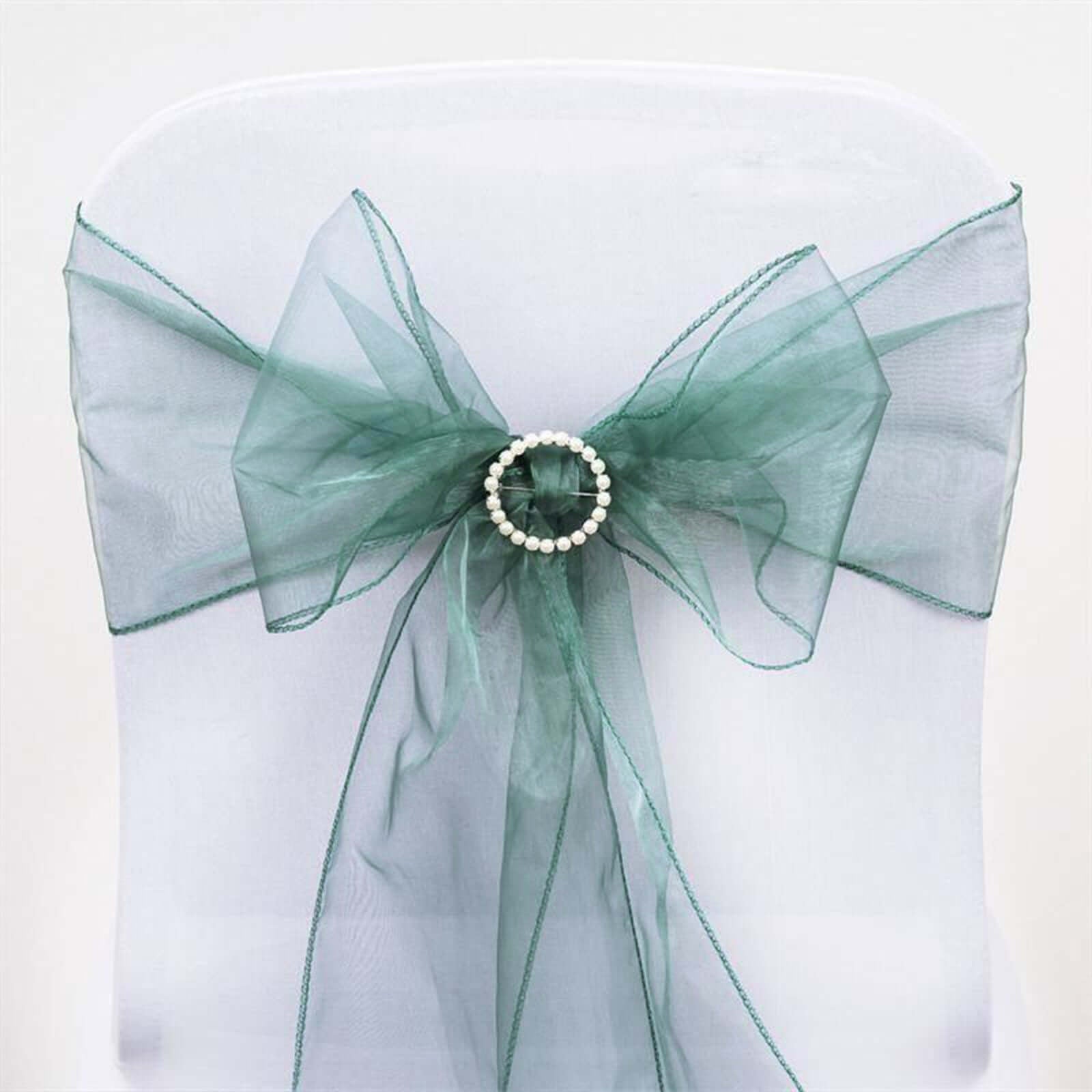 5 Pack Organza Chair Sashes Hunter Emerald Green - Reusable Sheer Chair Bows 6"x108" - Linen Luxes