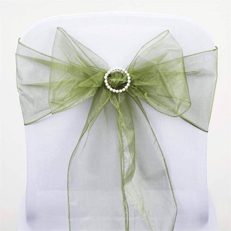 5 Pack Organza Chair Sashes Olive Green - Reusable Sheer Chair Bows 6"x108" - Linen Luxes