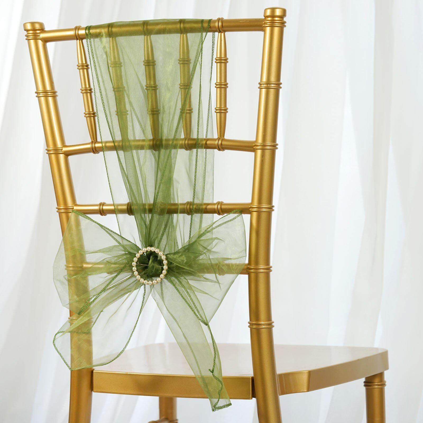 5 Pack Organza Chair Sashes Olive Green - Reusable Sheer Chair Bows 6"x108" - Linen Luxes