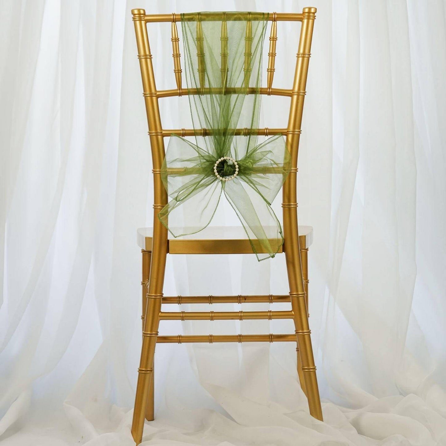 5 Pack Organza Chair Sashes Olive Green - Reusable Sheer Chair Bows 6"x108" - Linen Luxes