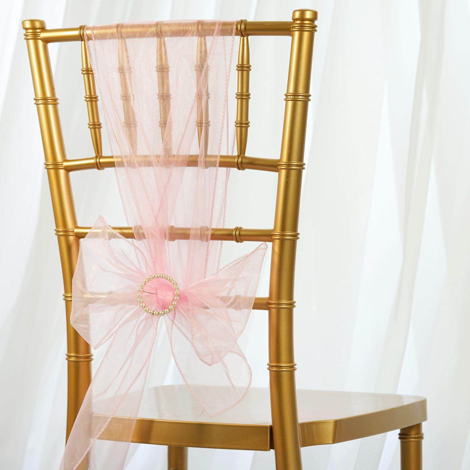 5 Pack Organza Chair Sashes Pink - Reusable Sheer Chair Bows 6"x108" - Linen Luxes