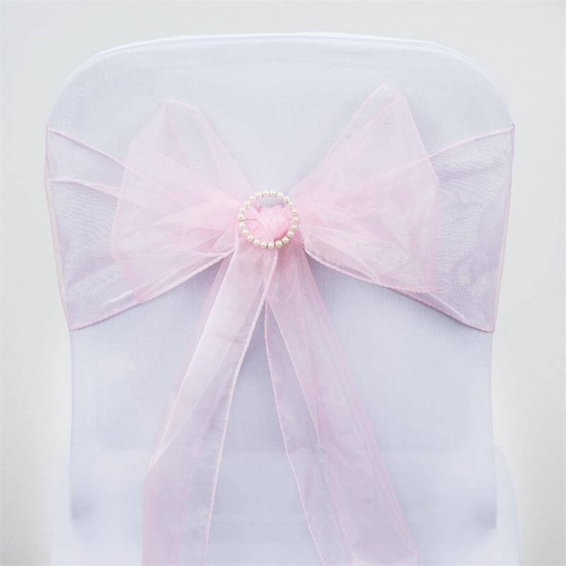 5 Pack Organza Chair Sashes Pink - Reusable Sheer Chair Bows 6"x108" - Linen Luxes