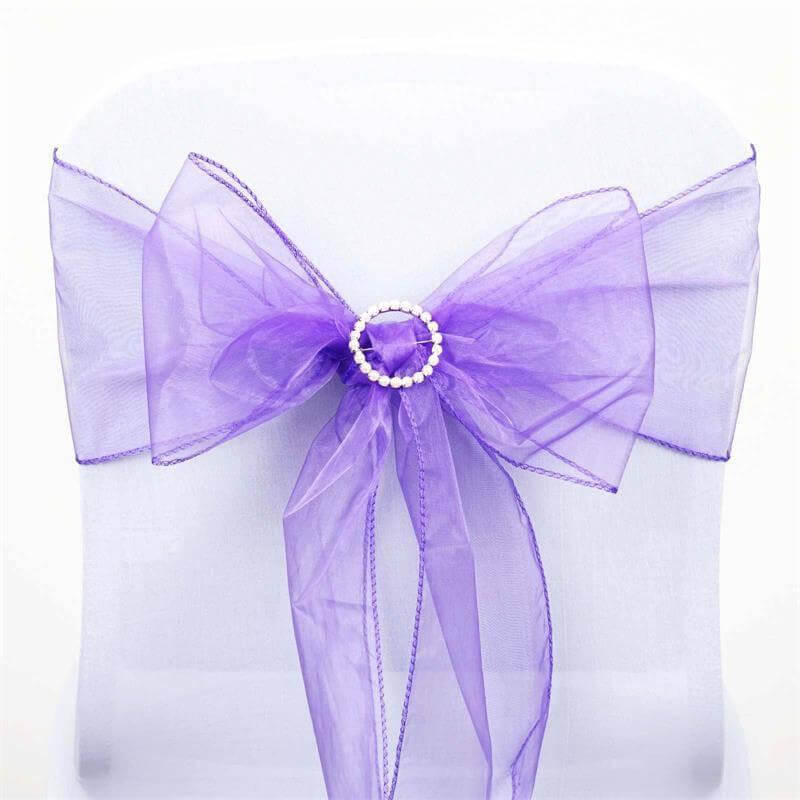 5 Pack Organza Chair Sashes Purple - Reusable Sheer Chair Bows 6"x108" - Linen Luxes