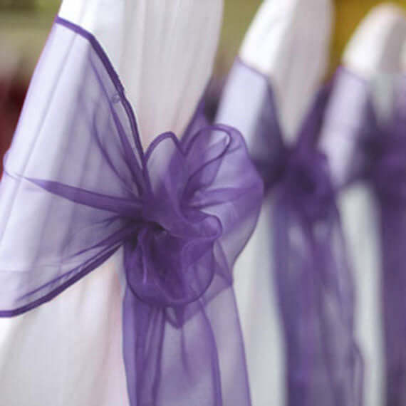 5 Pack Organza Chair Sashes Purple - Reusable Sheer Chair Bows 6"x108" - Linen Luxes