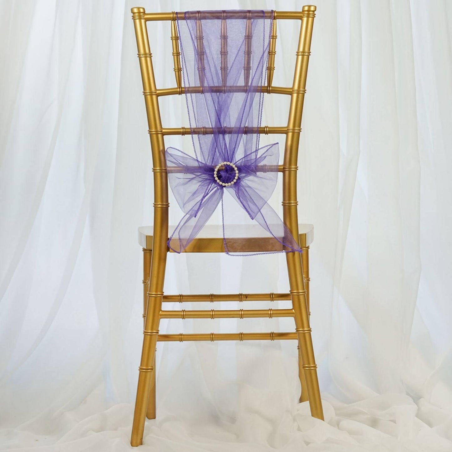 5 Pack Organza Chair Sashes Purple - Reusable Sheer Chair Bows 6"x108" - Linen Luxes