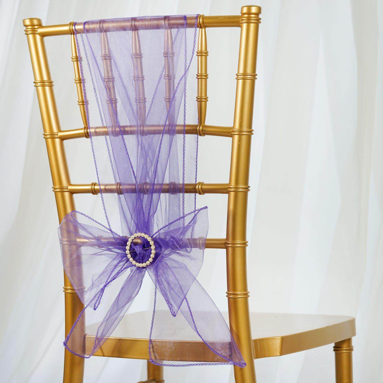 5 Pack Organza Chair Sashes Purple - Reusable Sheer Chair Bows 6"x108" - Linen Luxes