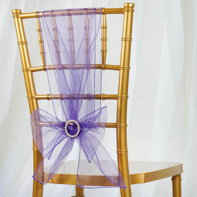5 Pack Organza Chair Sashes Purple - Reusable Sheer Chair Bows 6"x108" - Linen Luxes