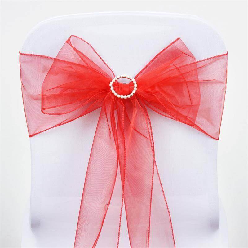 5 Pack Organza Chair Sashes Red - Reusable Sheer Chair Bows 6"x108" - Linen Luxes