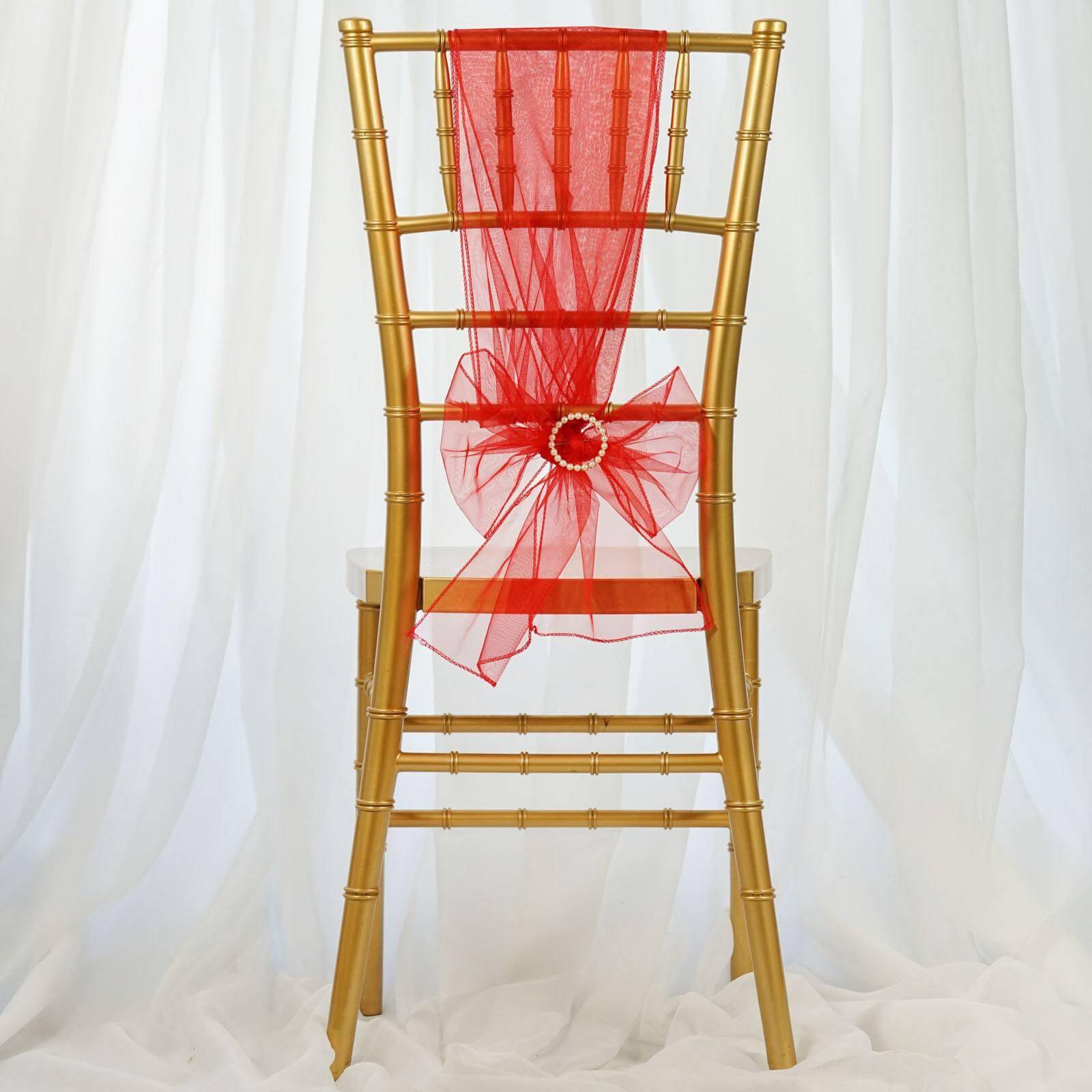 5 Pack Organza Chair Sashes Red - Reusable Sheer Chair Bows 6"x108" - Linen Luxes
