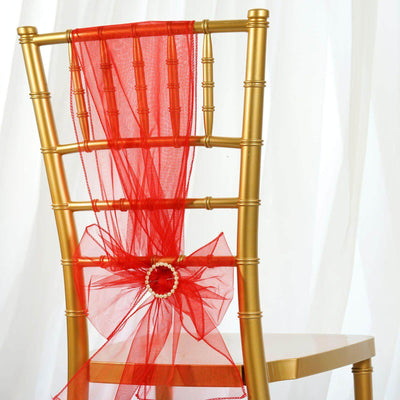 5 Pack Organza Chair Sashes Red - Reusable Sheer Chair Bows 6"x108" - Linen Luxes