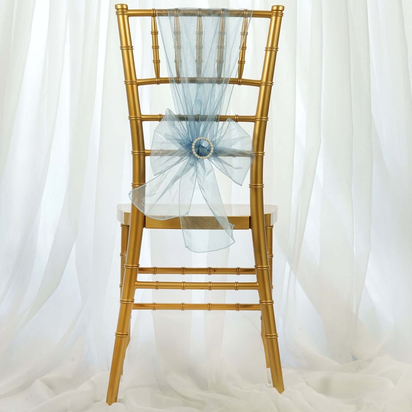 5 Pack Organza Chair Sashes Serenity Blue - Reusable Sheer Chair Bows 6"x108" - Linen Luxes