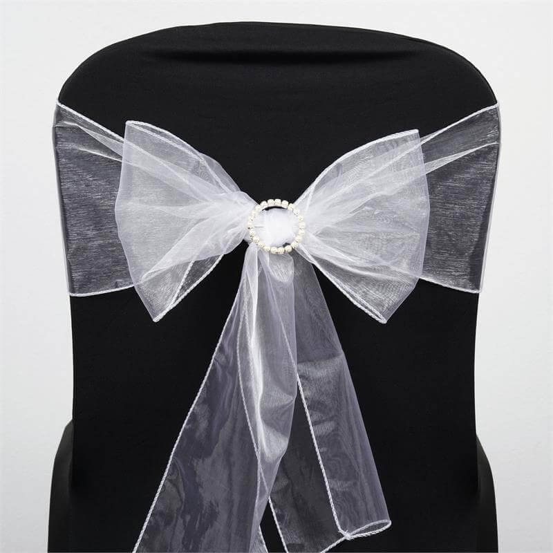 5 Pack Organza Chair Sashes White - Timeless Reusable Sheer Chair Bows for Chic Events 6"x108" - Linen Luxes