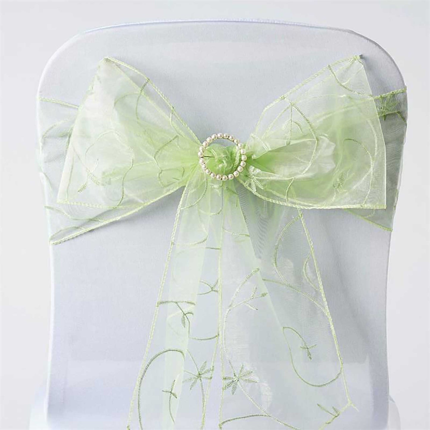 5 Pack Organza Chair Sashes with Satin Leaf Embroidery Apple Green - Reusable Sheer Design 7"x108" - Linen Luxes