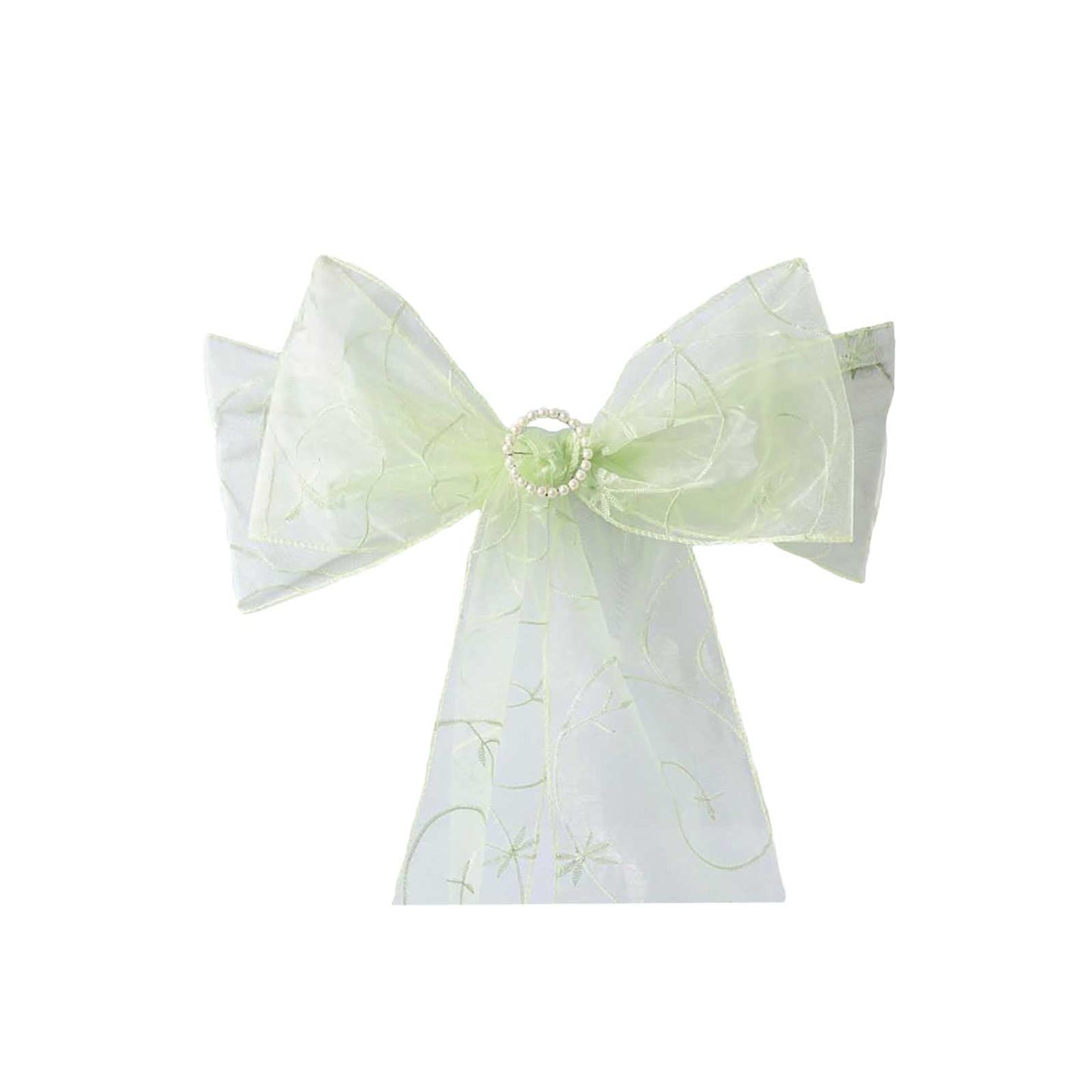 5 Pack Organza Chair Sashes with Satin Leaf Embroidery Apple Green - Reusable Sheer Design 7"x108" - Linen Luxes