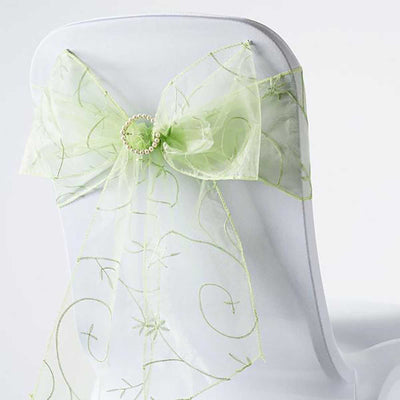 5 Pack Organza Chair Sashes with Satin Leaf Embroidery Apple Green - Reusable Sheer Design 7"x108" - Linen Luxes