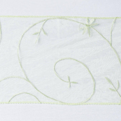 5 Pack Organza Chair Sashes with Satin Leaf Embroidery Apple Green - Reusable Sheer Design 7"x108" - Linen Luxes