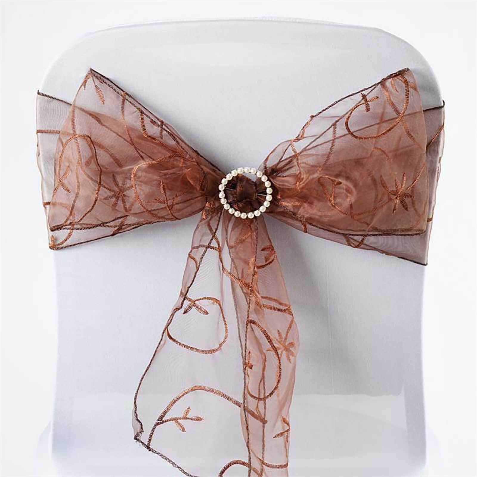 5 Pack Organza Chair Sashes with Satin Leaf Embroidery Chocolate - Reusable Sheer Design 7"x108" - Linen Luxes